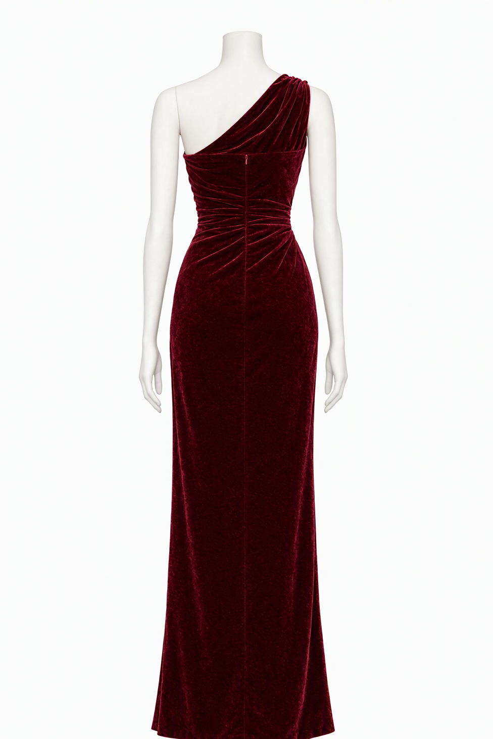 A floor-length, one-shoulder velvet gown in deep burgundy, displayed on a white mannequin against a plain white background.